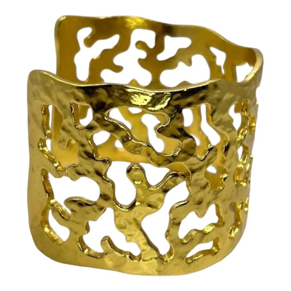 Karine Sultan 24k-GP Hammered Wide Cuff Adjustable Bracelet w/ Cutout Design - Picture 2 of 9
